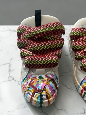 Lanvin Multicolor Paint-Splatter Sneakers with Red/Green/Yellow Braided Laces
